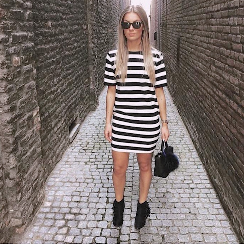 FRNCH Nautical Classics Ladies Stripe Boxy Tee Dress Black white size M pocket